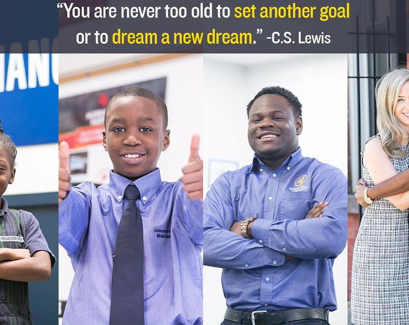 Photos of happy students and staff with a quote from C.S. Lewis that states "you are never too old to set another goal or to dream a new dream."