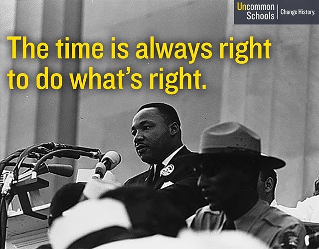 Martin Luther King Jr. Giving a speech with the text "The time is always right to do what's right."