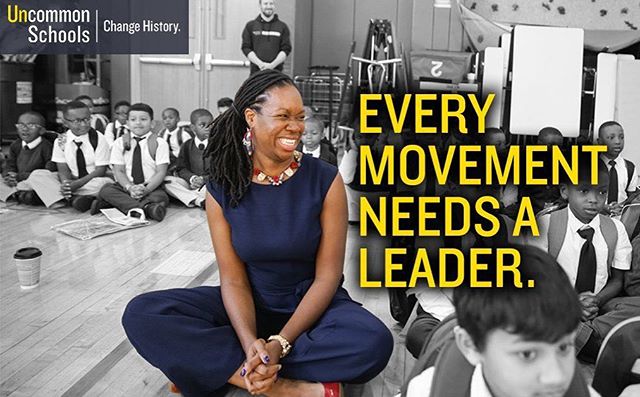 Teacher smiles with text "Every Movement Needs a Leader"
