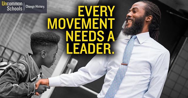Teacher shaking a student's hand with text "Every Movement Needs a Leader"