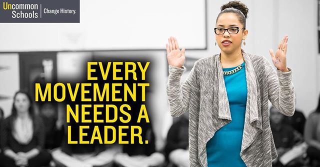 Woman holds her hands out with text "Every Movement Needs a Leader"