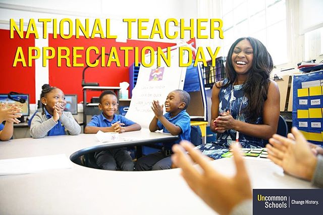 Students and teacher smile with text "National Teacher Appreciation Day"