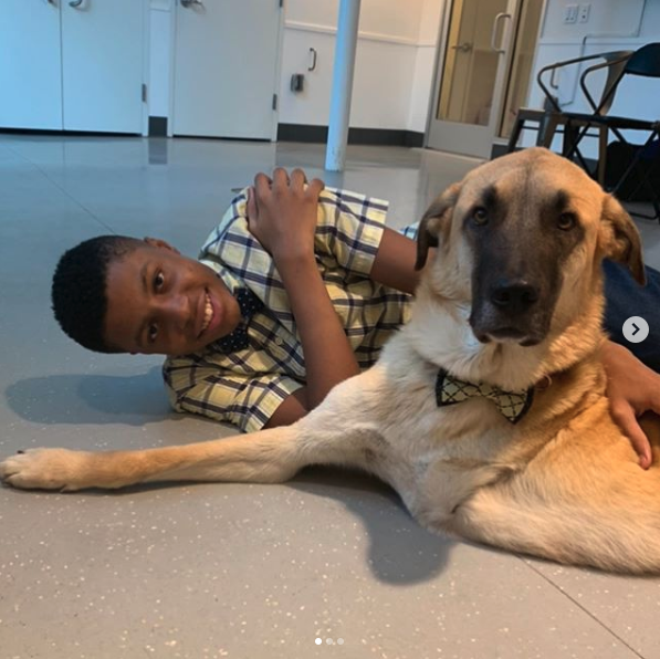 Darius Brown poses with an adoptable dog wearing a custom made bow tie